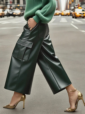 Pantalon ample taille haute, à poches, à empiècements, couleur unie