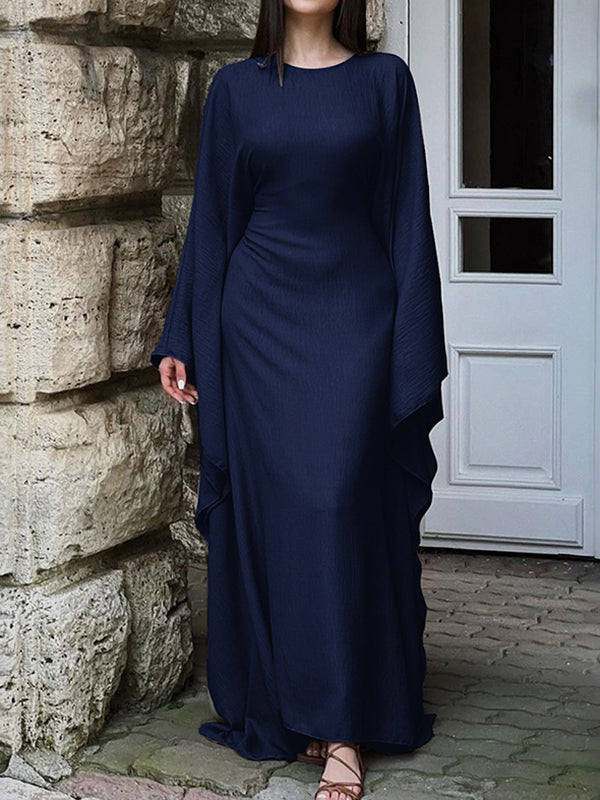 Robe longue à manches chauve-souris, à manches longues, à col rond, couleur unie