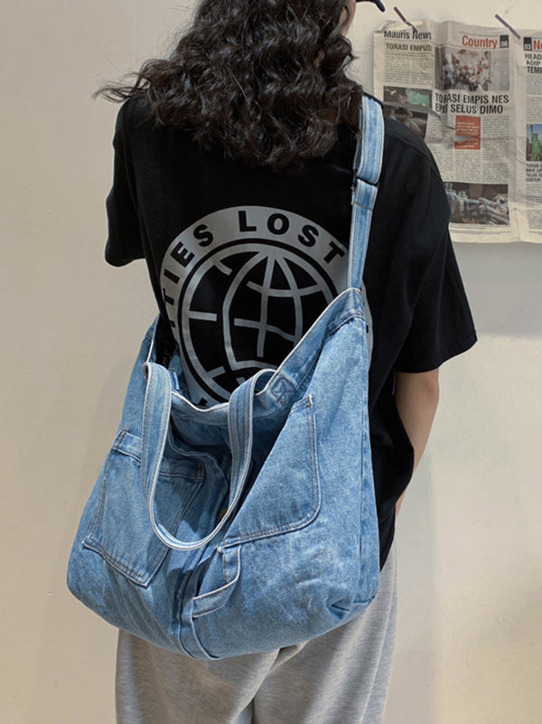 Sac décontracté en jean, à empiècements, couleur unie