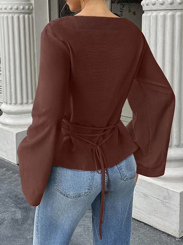 T-shirt à taille élastique, à manches évasées, à empiècements, à taille nouée, à col rond, couleur unie
