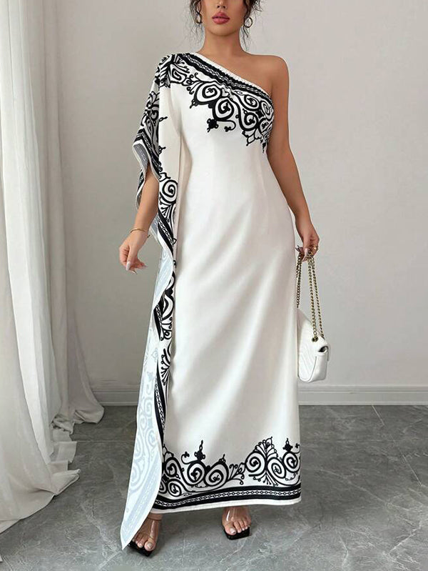 Robe longue ample asymétrique plissée à manches chauve-souris, à taille élastique, à imprimé floral, asymétrique à une épaule