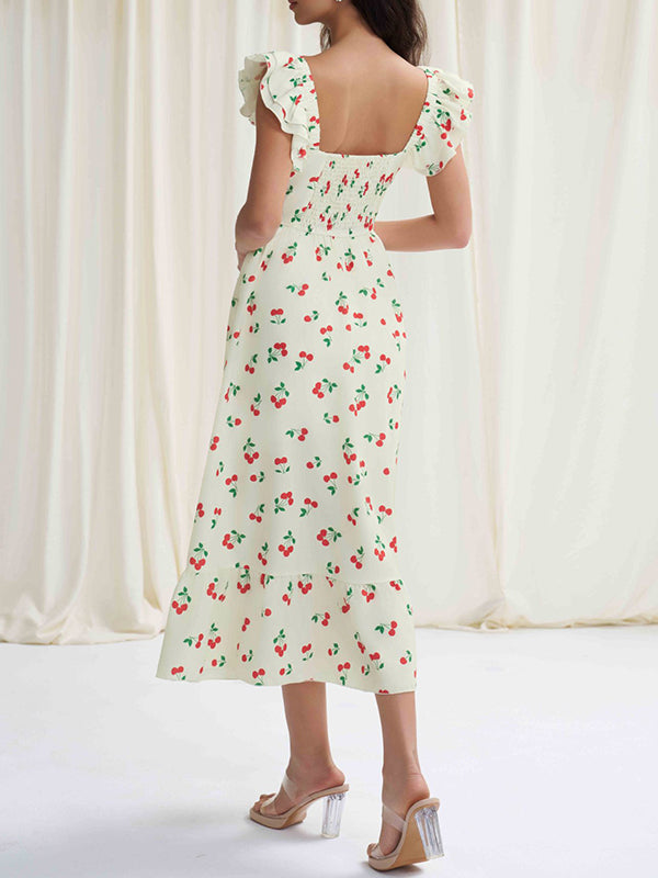 Robe mi-longue ample boutonnée plissée taille haute, à taille élastique, à imprimé floral, à col carré