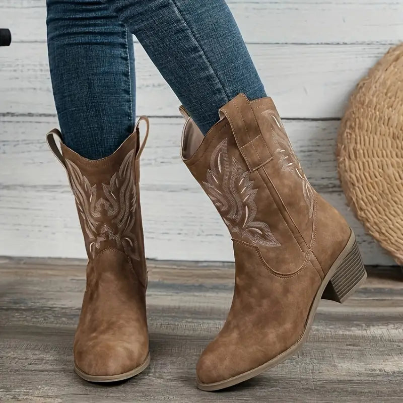Bottes de cheville western rustiques, brodées et confortables pour femmes