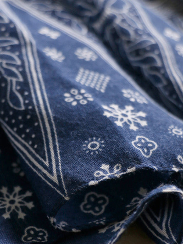 Châle à franges imprimé bleu et blanc pour protection solaire