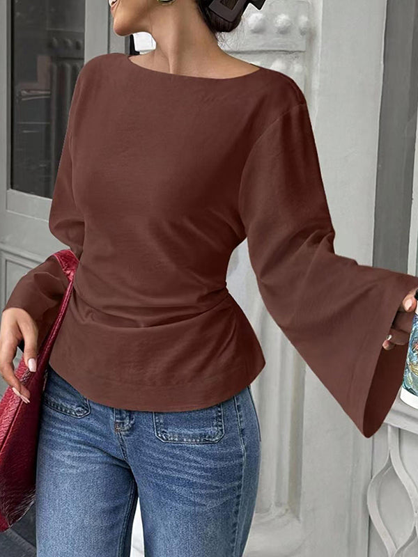 T-shirt à taille élastique, à manches évasées, à empiècements, à taille nouée, à col rond, couleur unie