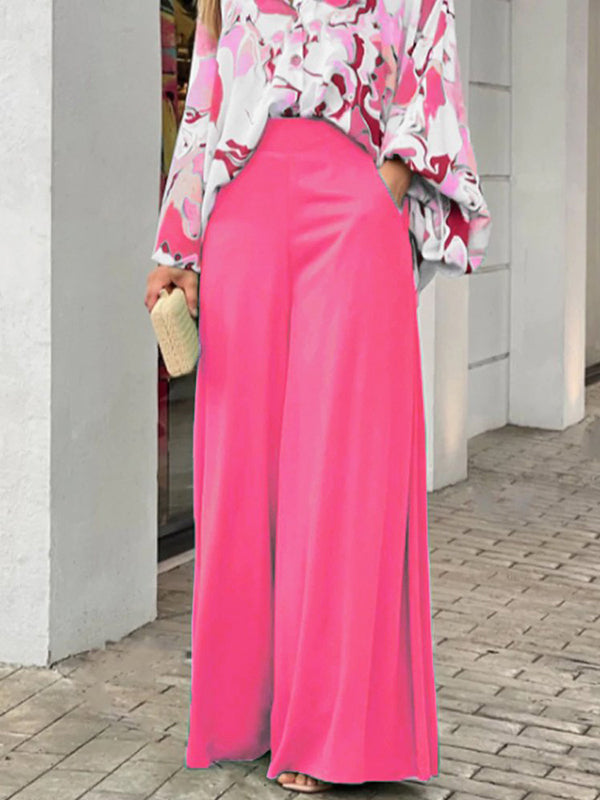 Ensemble deux pièces : blouse à couleurs contrastées + pantalon large uni