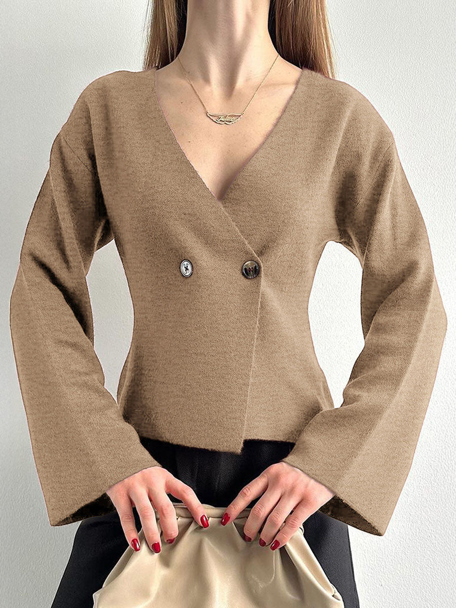 Cardigan boutonné à manches longues, à col en V, couleur unie