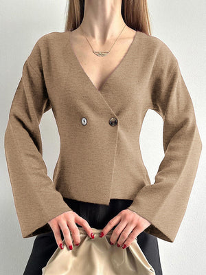 Cardigan boutonné à manches longues, à col en V, couleur unie