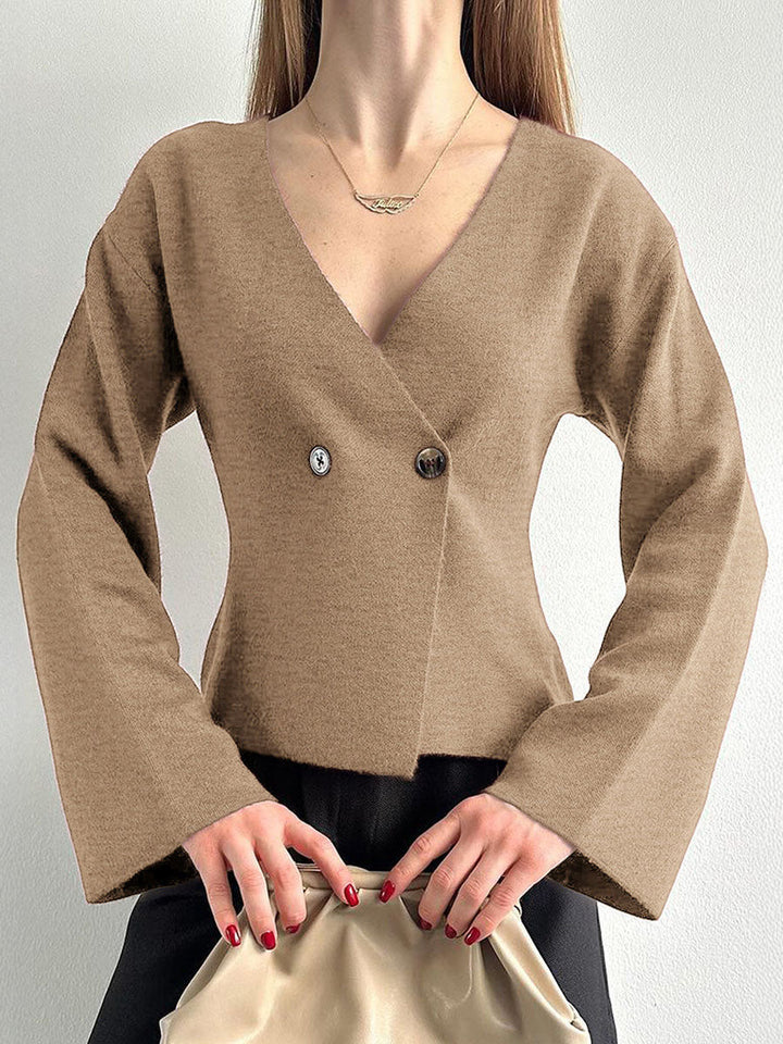 Cardigan boutonné à manches longues, à col en V, couleur unie