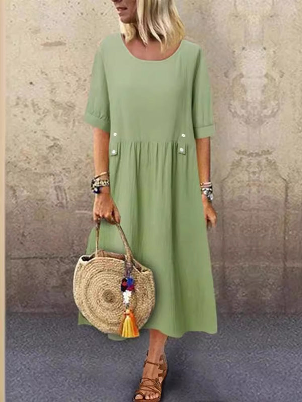 Robe mi-longue ample boutonnée plissée coupe trapèze, à col rond