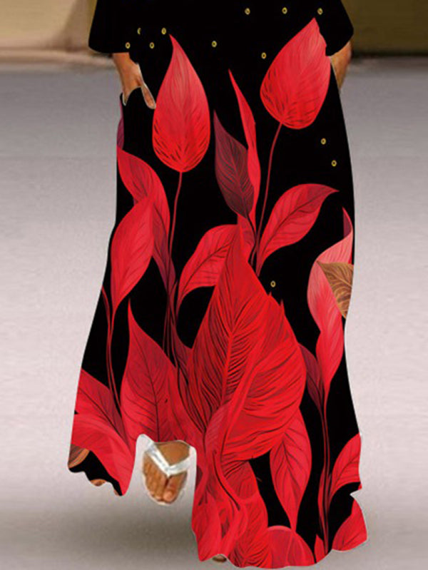 Robe longue ample imprimée à manches longues, à empiècements, à col en V, couleur contrastée