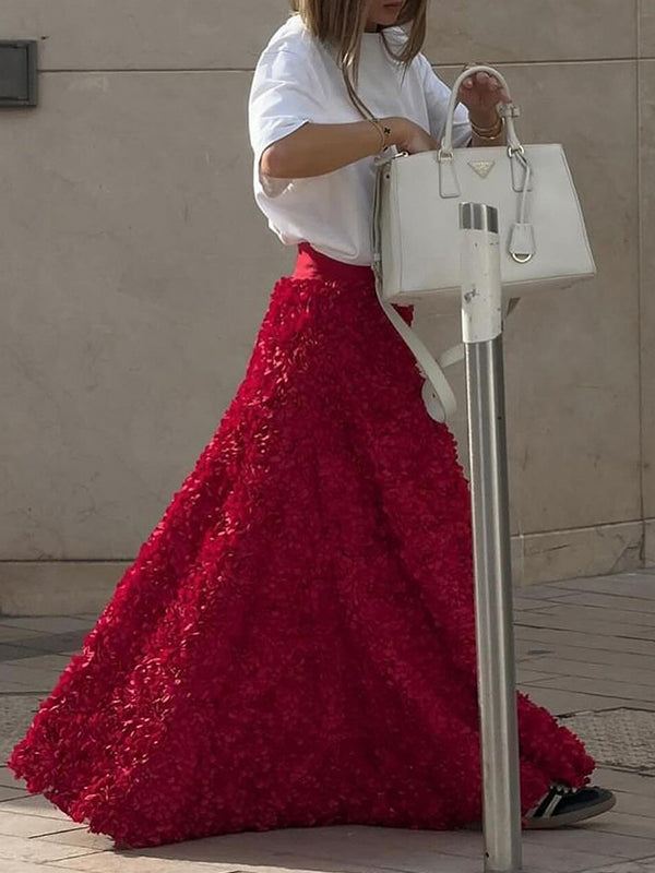 Jupe coupe trapèze, taille haute, à fleurs en 3D, couleur unie