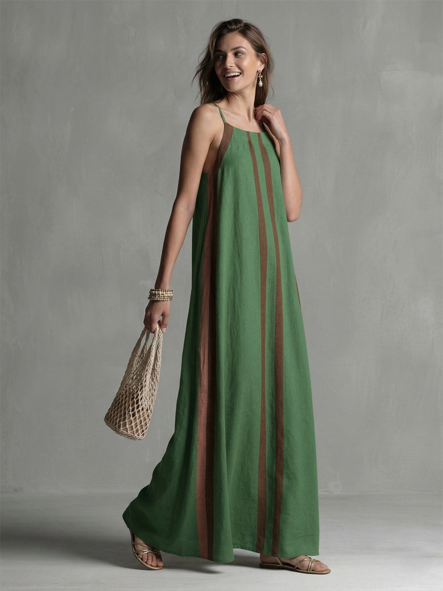 Robe longue ample plissée coupe trapèze, à fines bretelles, couleur contrastée