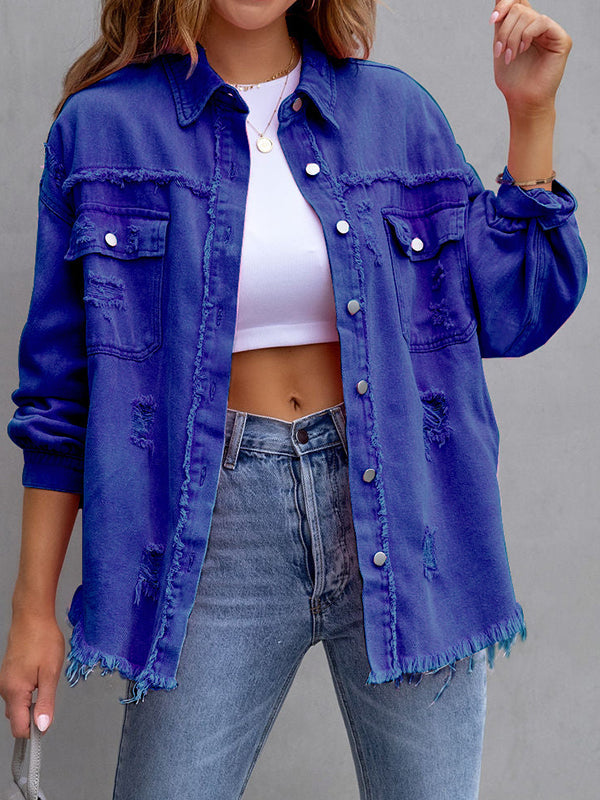 Veste ample à manches longues, à franges, à poches, à col revers