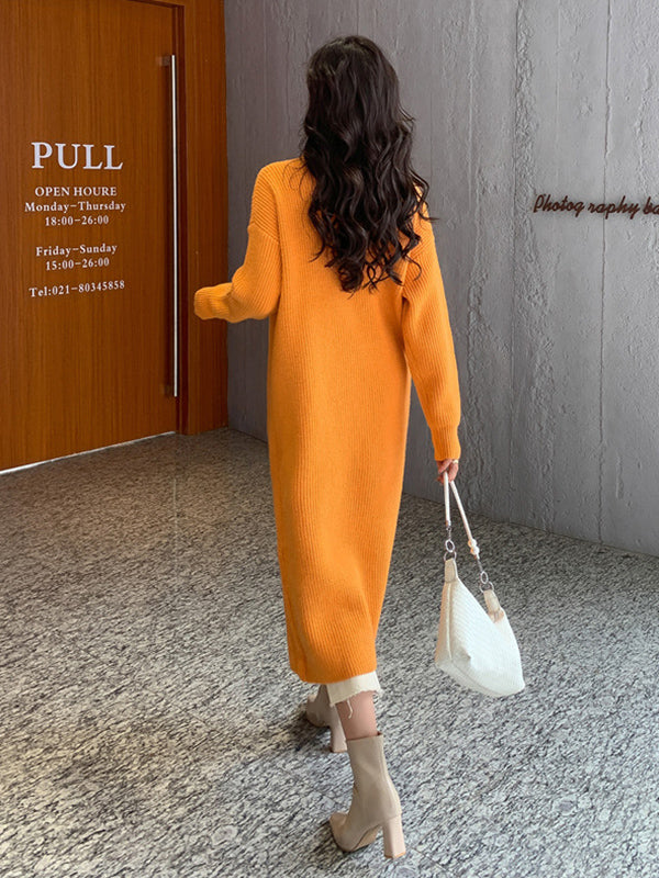 Pull élégant fendu devant à manches longues, à col haut, couleur unie