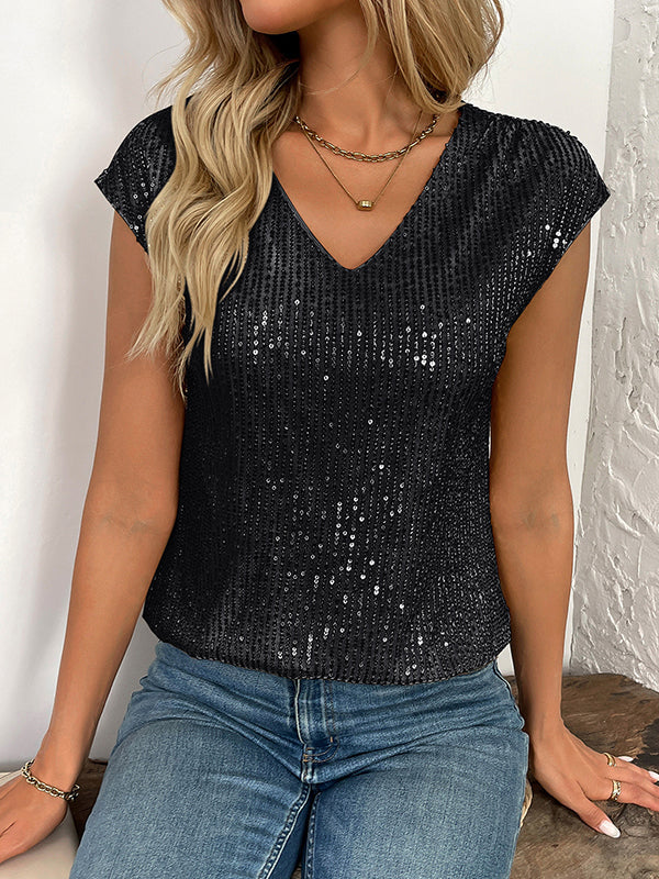 T-shirt ample brillant à manches chauve-souris, à sequins, à col en V