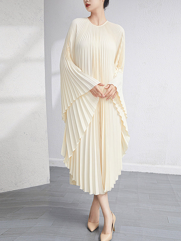 Robe longue ample plissée à manches chauve-souris, couleur unie