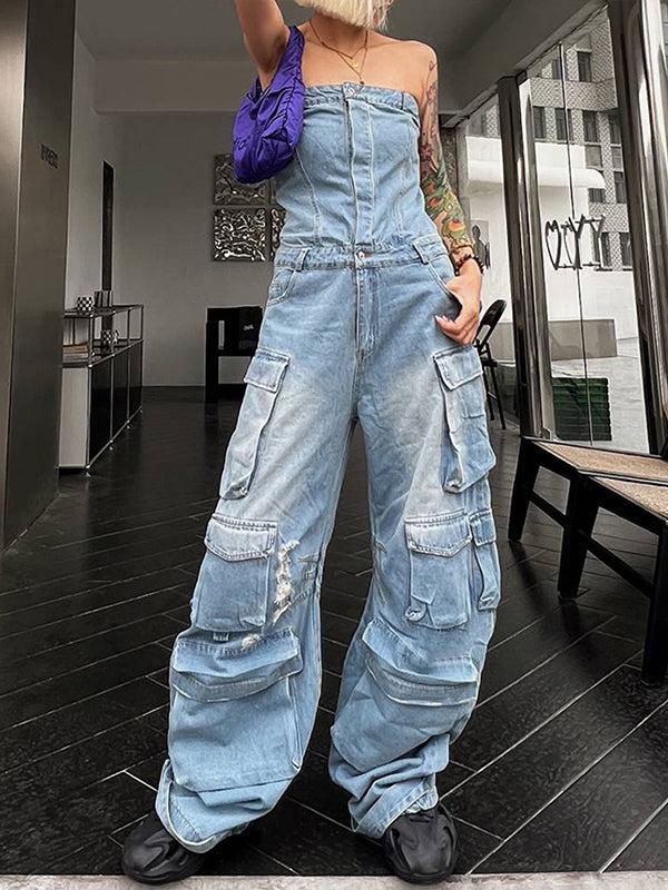 Combinaison boutonnée ajourée taille haute, à jambes larges, à poches, à empiècements, bustier