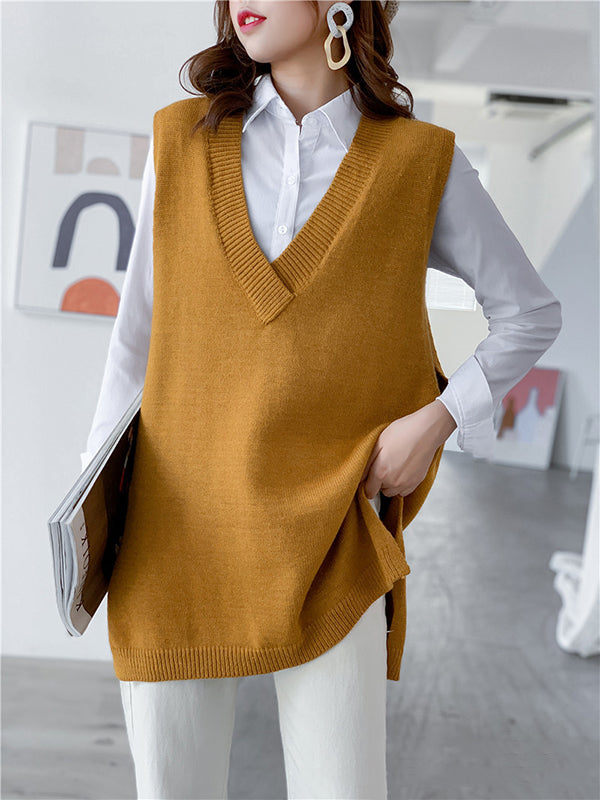 Gilet tricoté sans manches à la mode, fendu sur le côté, couleur unie, col en V