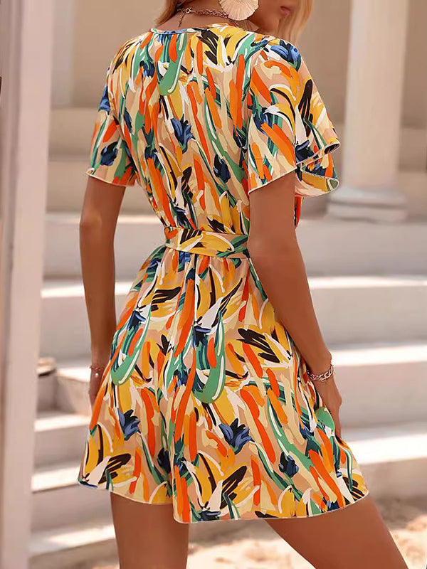 Robe courte ample imprimée taille haute, à taille nouée, à col en V