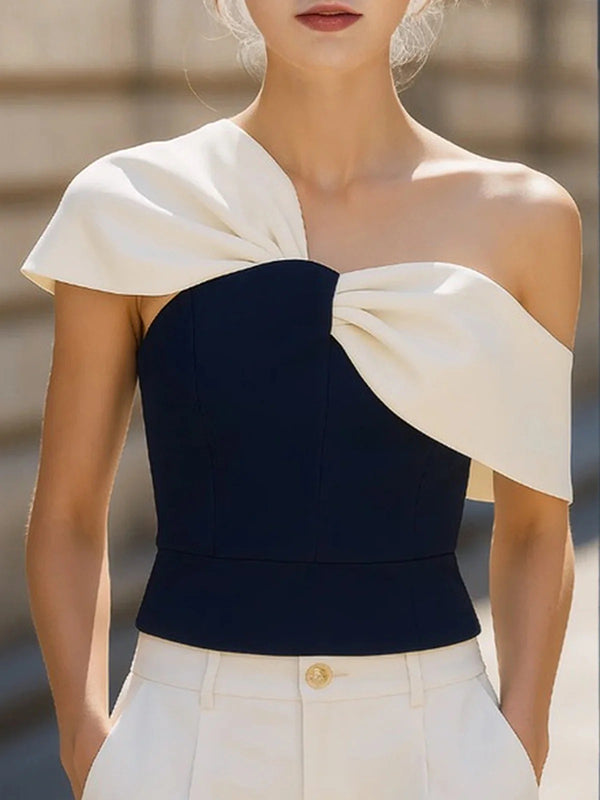 Chemisier ample asymétrique plissé à empiècements, asymétrique à une épaule, couleur contrastée