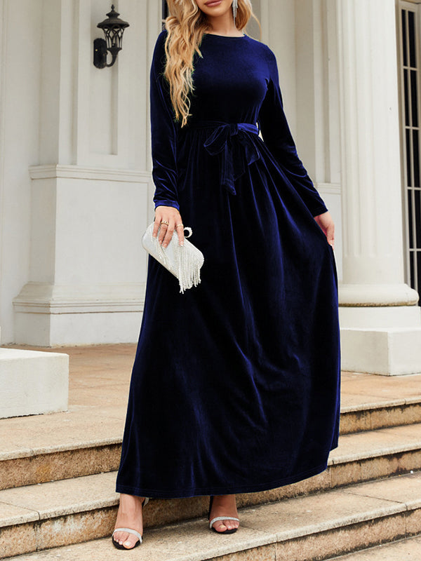 Robe longue plissée à manches longues, coupe portefeuille, avec ceinture, à fermeture éclair, à col rond, couleur unie