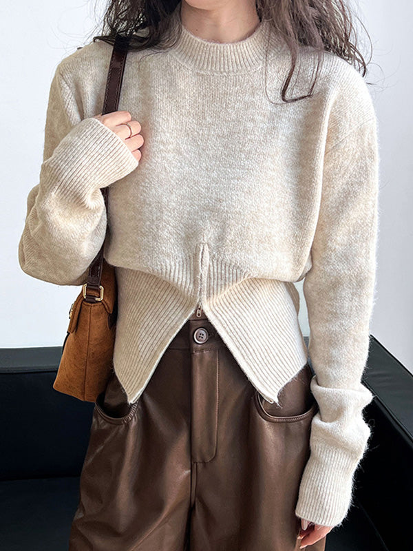 Pull ample à manches longues, à fermeture éclair, à col cheminée, couleur unie