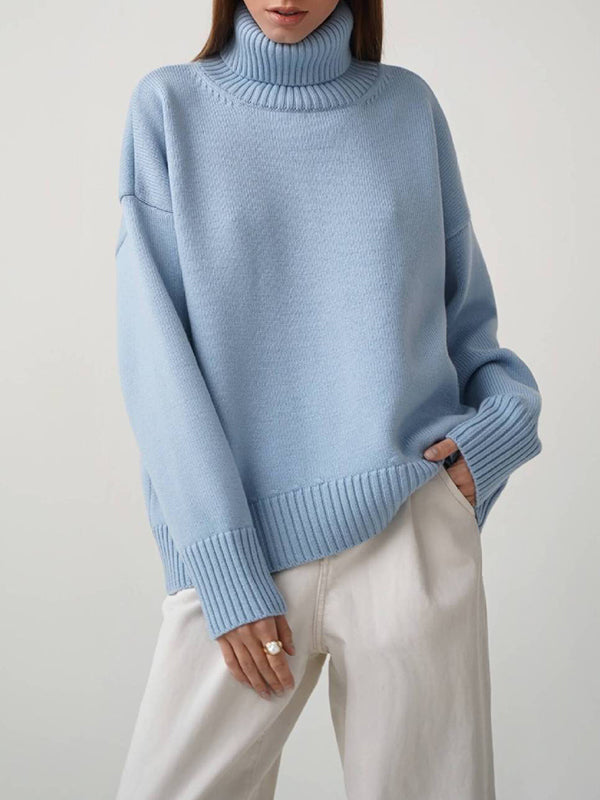 Pull en maille ample à manches longues, à col haut, couleur unie