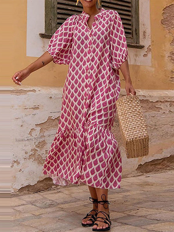 Robe mi-longue ample boutonnée imprimée à manches mi-longues, à col montant