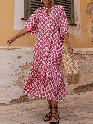 Robe mi-longue ample boutonnée imprimée à manches mi-longues, à col montant