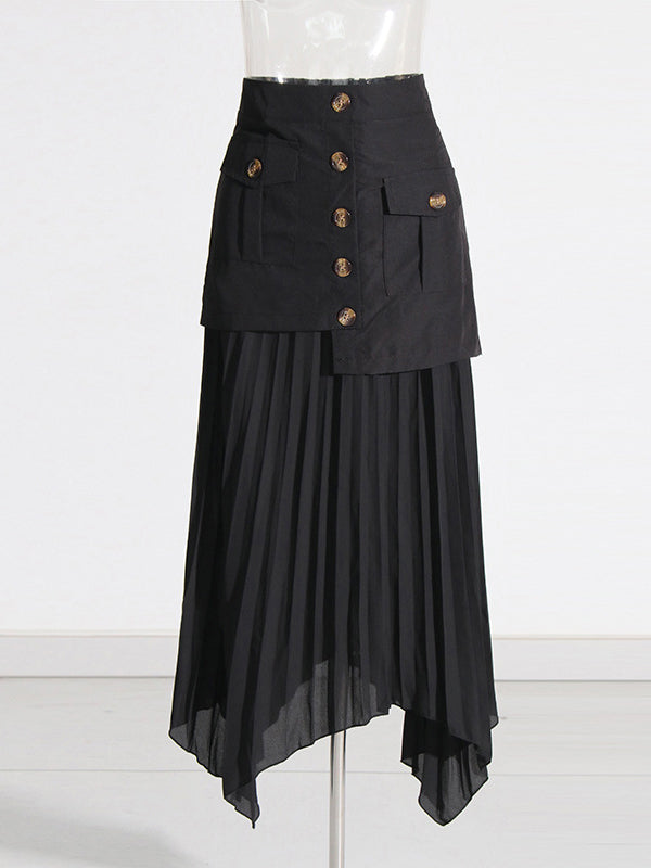 Jupe ample asymétrique boutonnée plissée coupe trapèze, à empiècements, à fermeture éclair