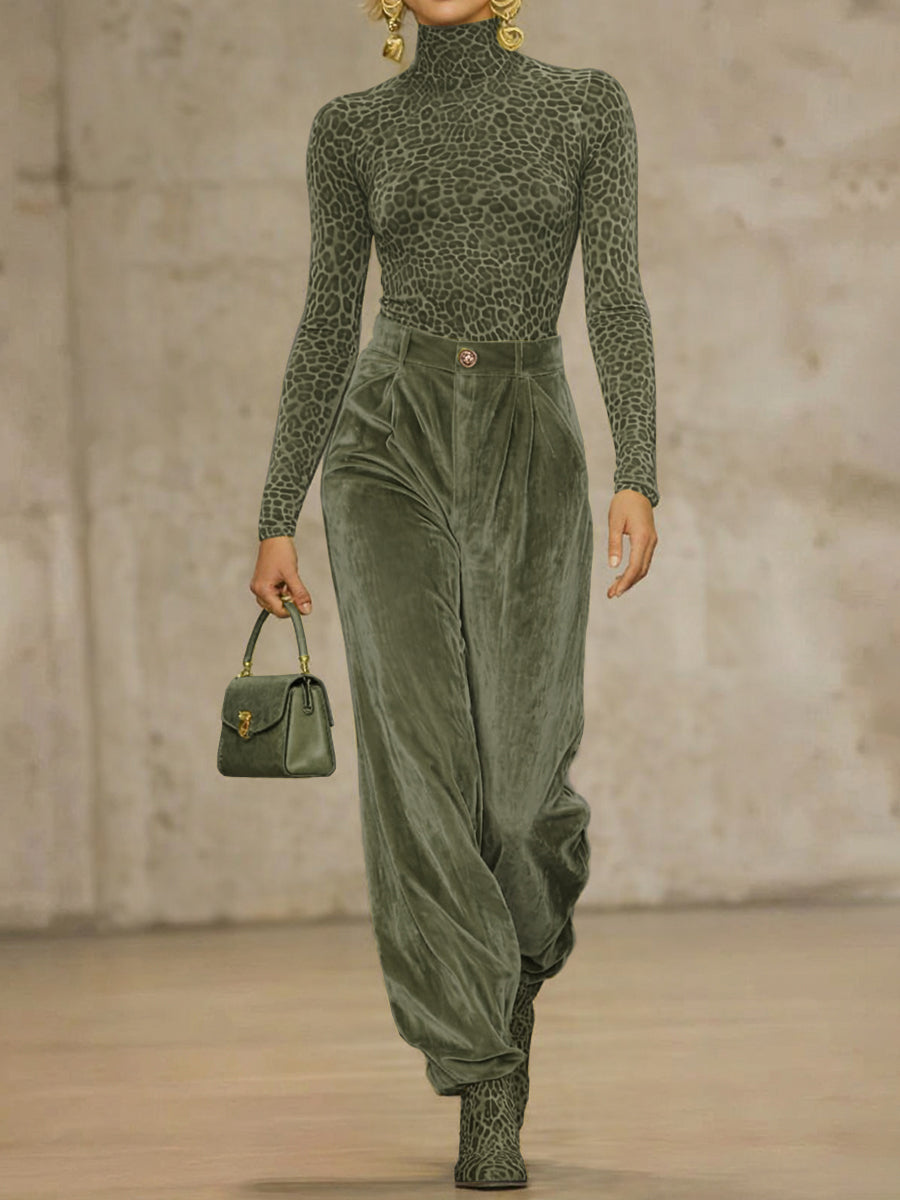 Pantalon plissé taille haute, à poches, en velours, couleur unie