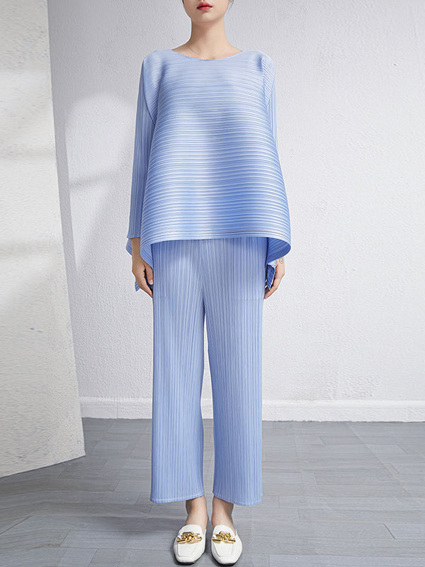 Ensemble deux pièces ample plissé à ourlet plongeant, à col rond, couleur unie – t-shirt + pantalon