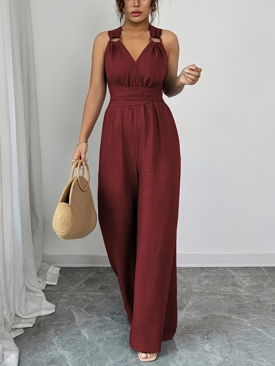 Combinaison nouée taille haute, sans manches, dos nu, à fines bretelles, couleur unie