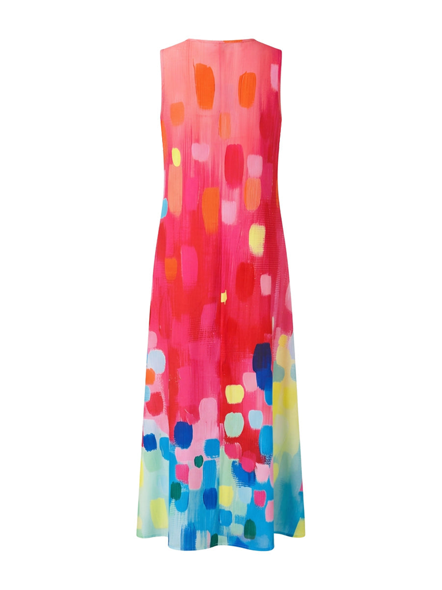 Robe longue ample imprimée sans manches, à col en V, couleur contrastée