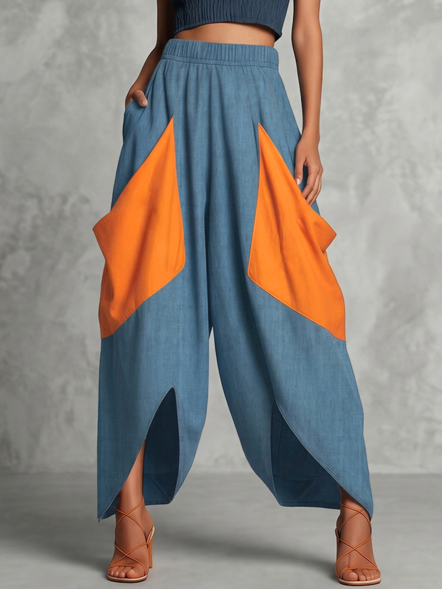 Pantalon ample taille haute, à taille élastique, à poches, à empiècements, couleur contrastée