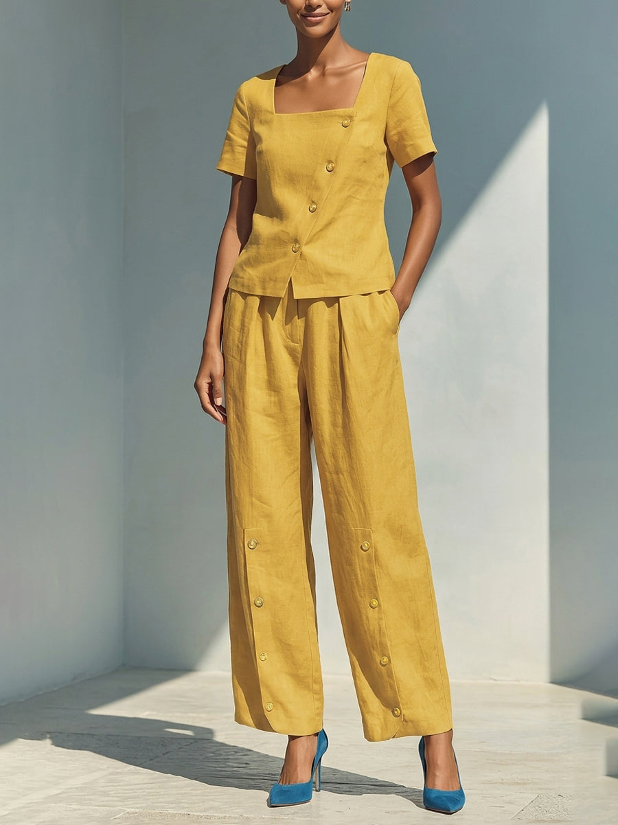 Pantalon ample boutonné à jambes larges, à poches, couleur unie