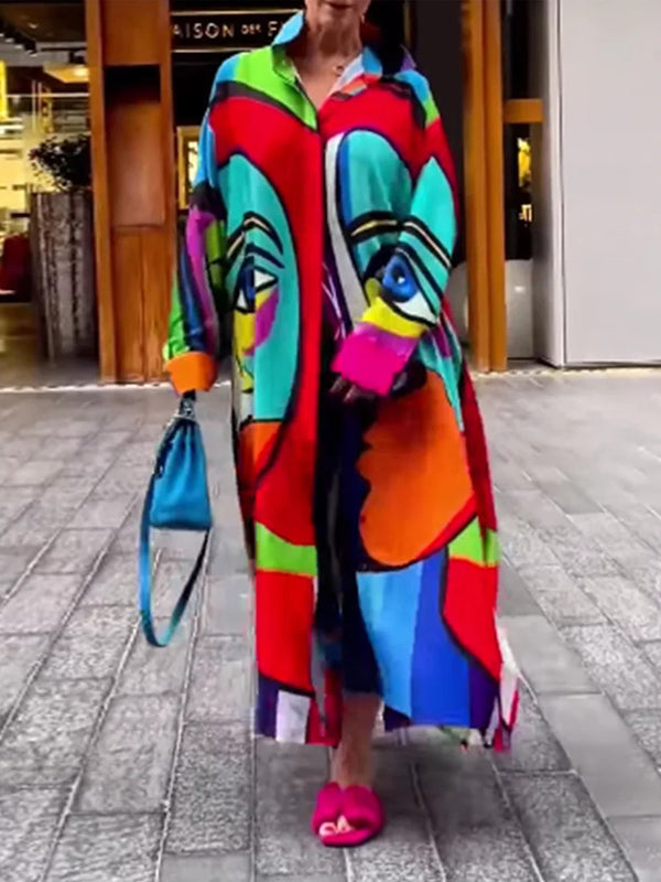 Robe longue à revers multicolore, coupe irrégulière, ample, imprimé abstrait, robe chemise