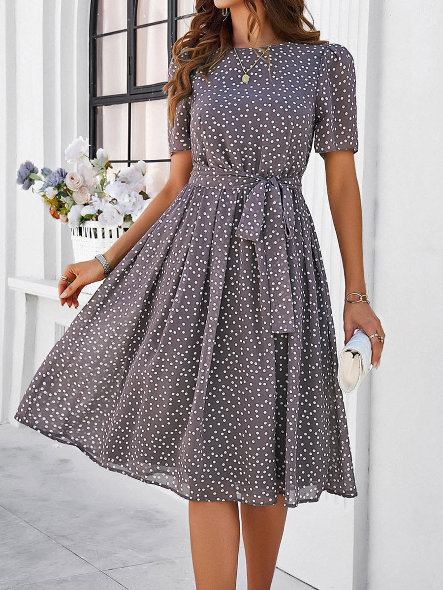 Robe mi-longue coupe trapèze, à taille élastique, à pois, à empiècements, à taille nouée, à col rond, couleur contrastée