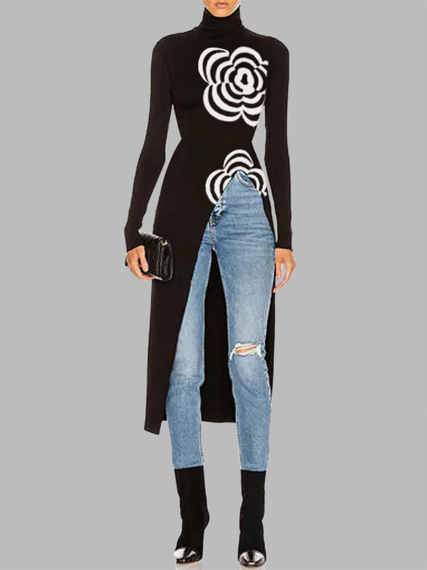Pull asymétrique imprimé à manches longues, à empiècements, à col haut