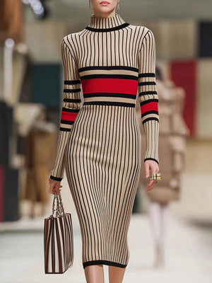 Robe pull rayée à manches longues, coupe près du corps, à col haut, couleur contrastée