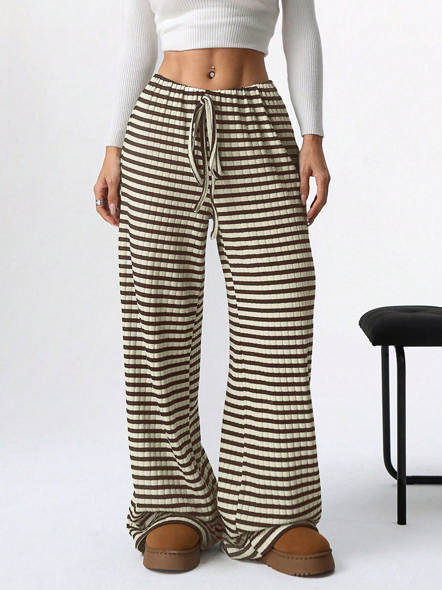 Pantalon rayé à taille élastique, taille haute, à cordon de serrage, à empiècements, couleur contrastée