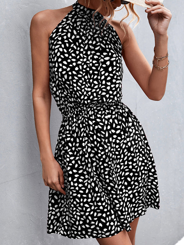 Robe courte plissée coupe trapèze, taille haute, à taille élastique, à imprimé feuilles, à col licou