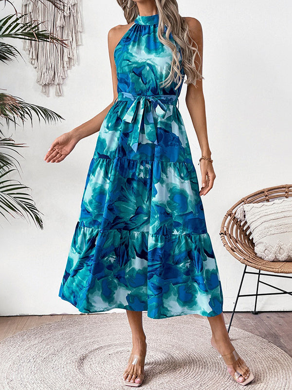 Robe mi-longue ample ajourée plissée imprimée sans manches, à empiècements, à taille nouée, à col rond