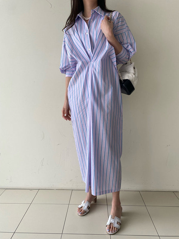 Robe chemise ample boutonnée rayée à manches longues, à poches, à col revers, couleur contrastée