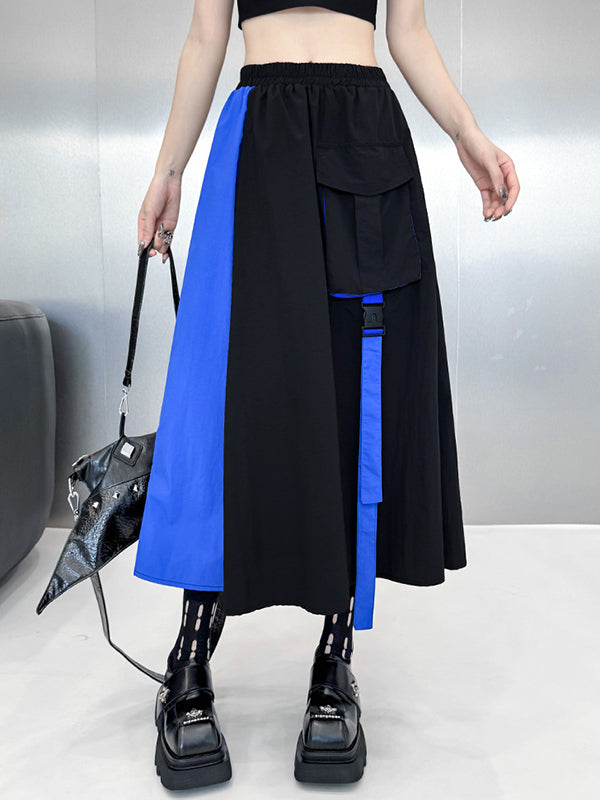 Ensemble deux pièces asymétrique à empiècements, à col revers, coupe trapèze, à taille élastique, à poches, à rubans, couleur contrastée – chemisier + jupe
