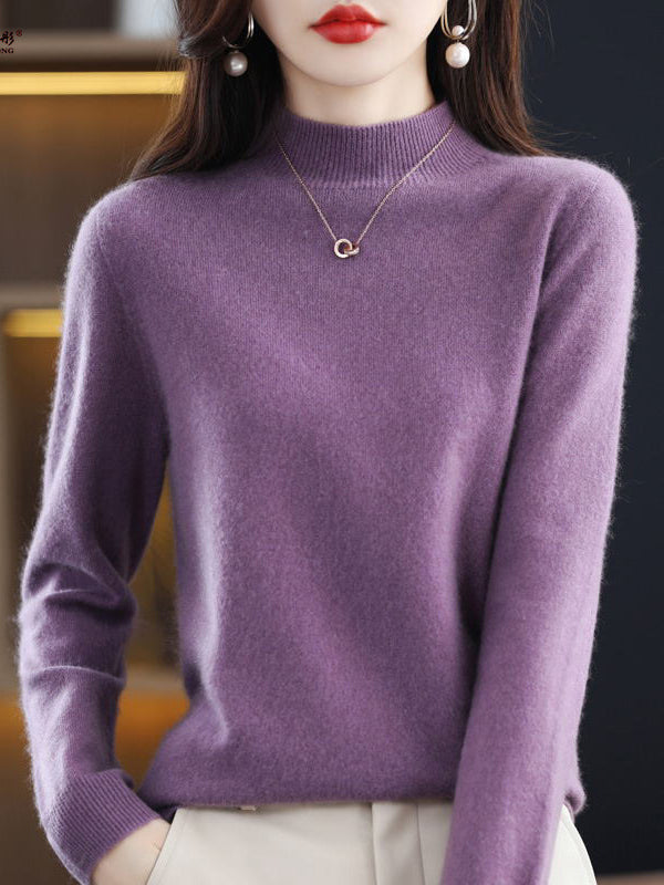 Pull de bureau à manches longues, couleur unie, col haut, pulls