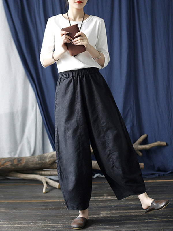 Pantalon large à taille élastique de couleur unie simple