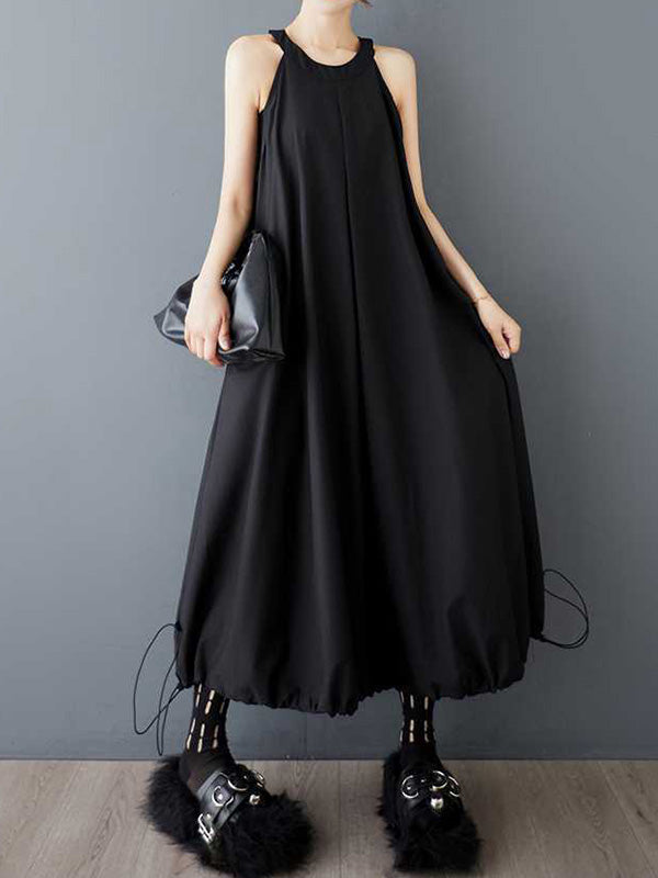 Robe mi-longue ample plissée coupe trapèze, à cordon de serrage, à poches, à fermeture éclair, à fines bretelles, couleur unie