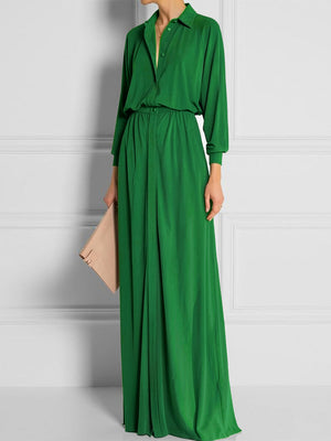 Robe longue boutonnée taille haute, à manches longues, à taille élastique, à col revers, couleur unie
